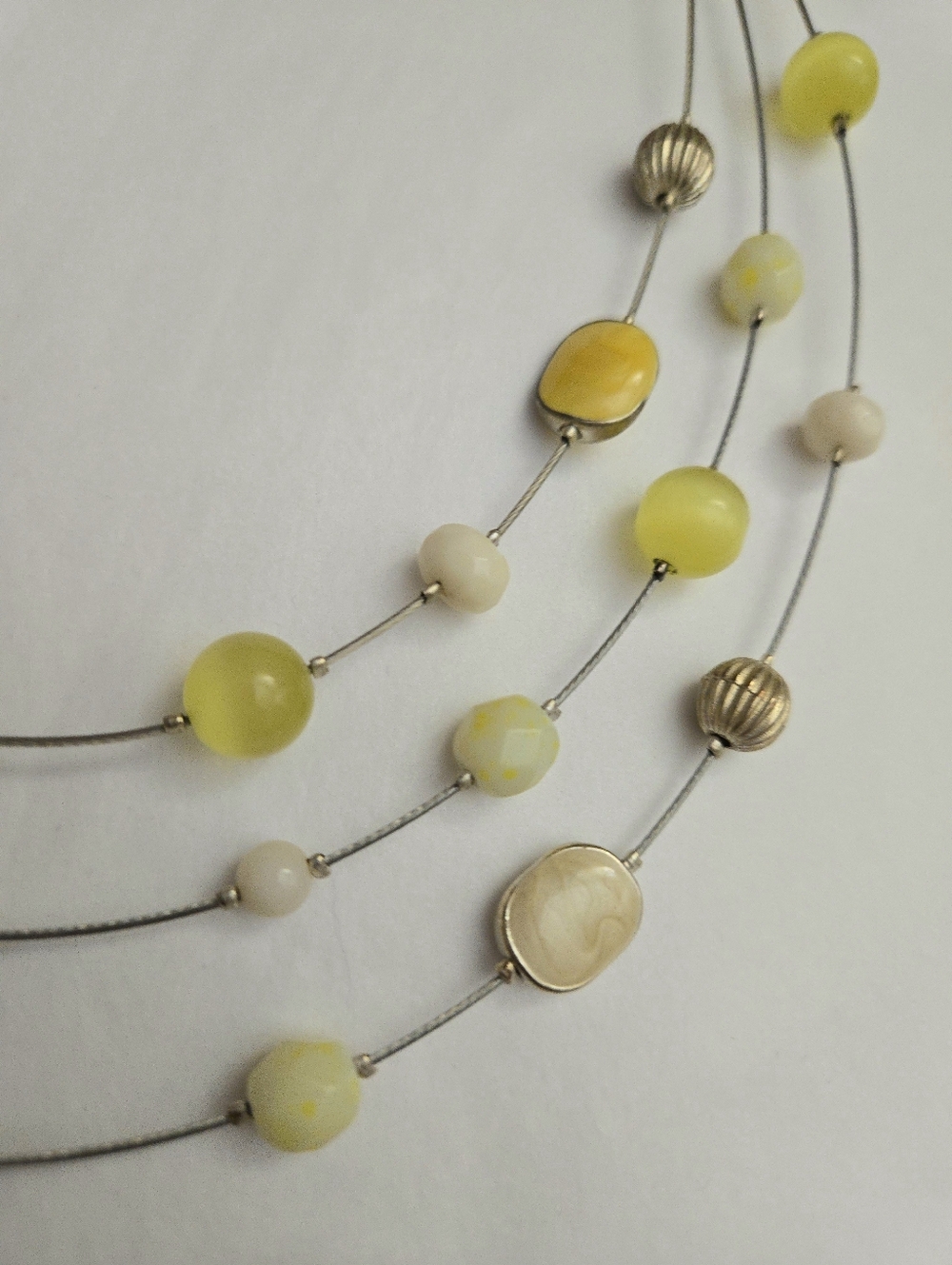 Vintage Style Silver Tone Yellow Ivory Enamel Beaded 3 Strand Bib Necklace - Picture 2 of 6